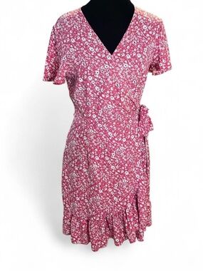NAGOO Small Pink and White Floral Wrap Dress with Flutter Ruffle Sleeves and Hem